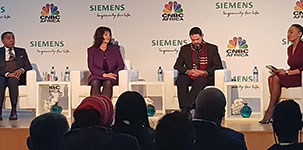 From left to right: Vuyani Jarana – Group CEO South African Airways, Sabine Dall’Omo –Siemens CEO for Southern and Eastern Africa,  Dr Daniel Visser – research and development strategy manager, CSIR and the panel moderator, Gugulethu Mfuphi.